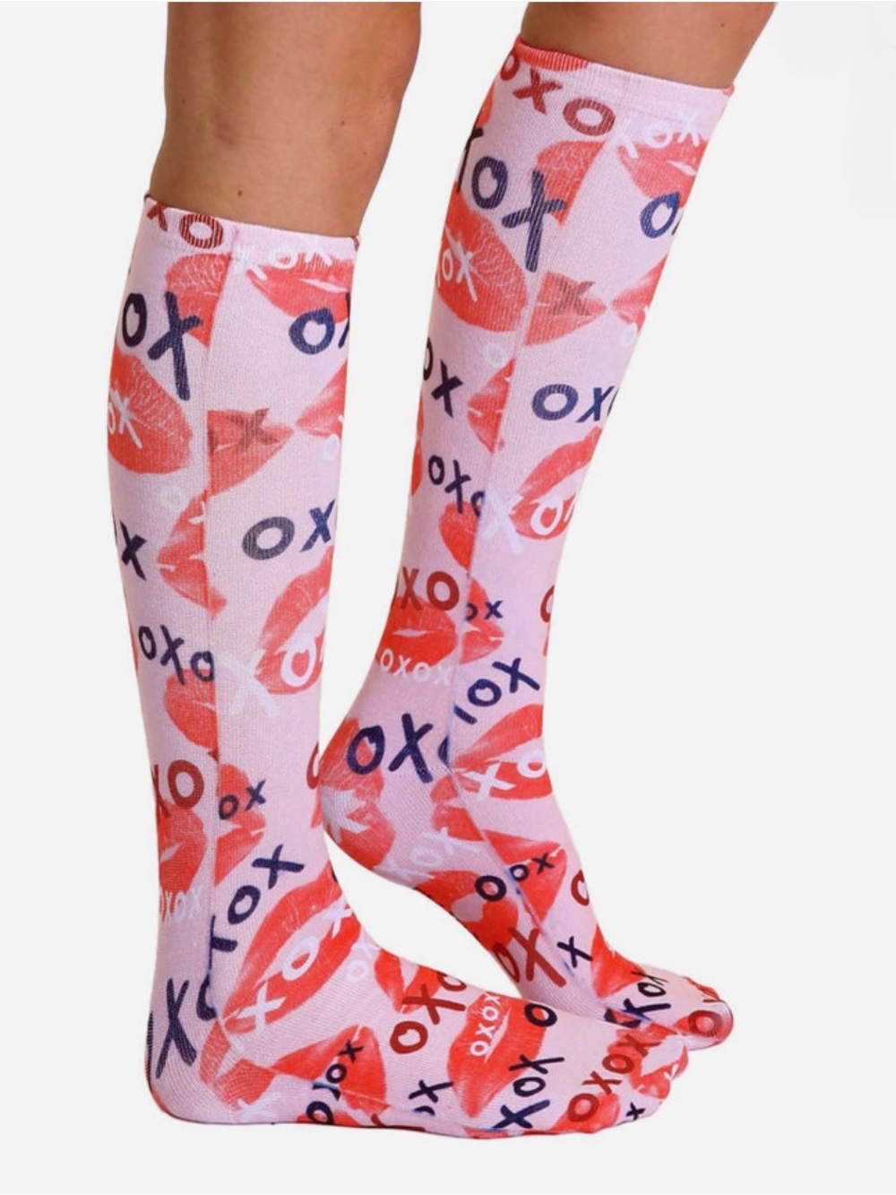 Rare Living Royal XOXO Knee High Kiss Lips Socks Valentine